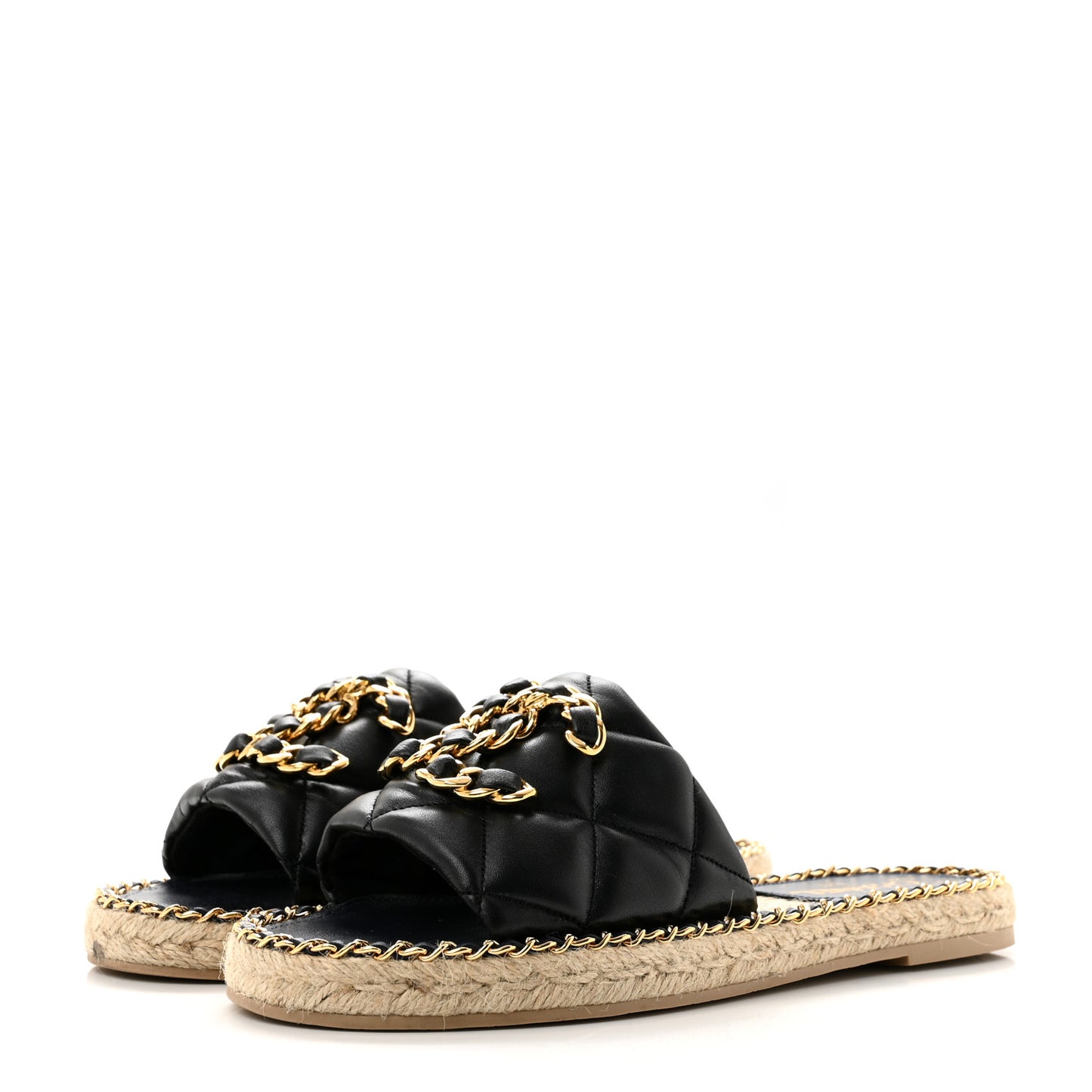 Lambskin Quilted CC Chain Espadrille Mules 38 Black Navy