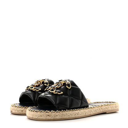 Chanel Lambskin Quilted CC Chain Espadrille Mules 38 Black Navy 4 of 10
