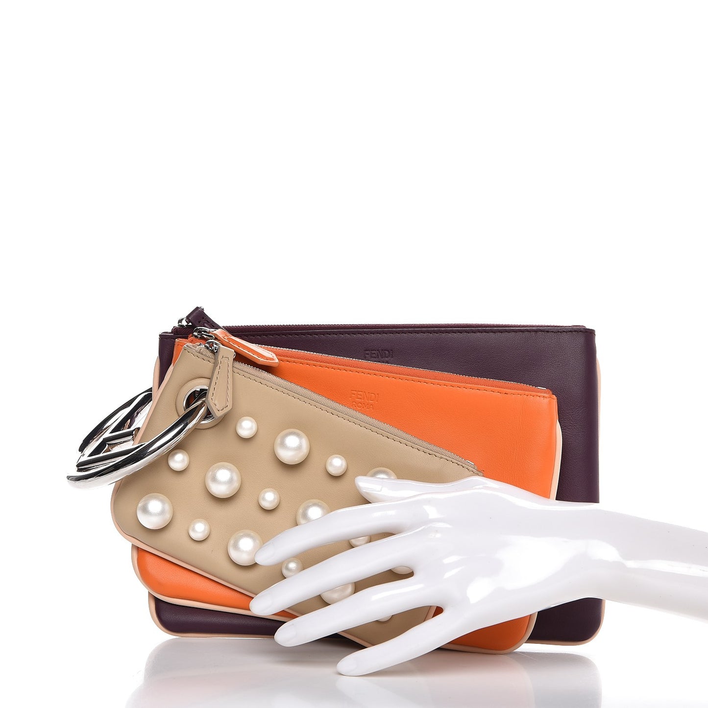 Calfskin Pearl F is Fendi Embellished Triplette Pouch Set Amido Papaya Amarone