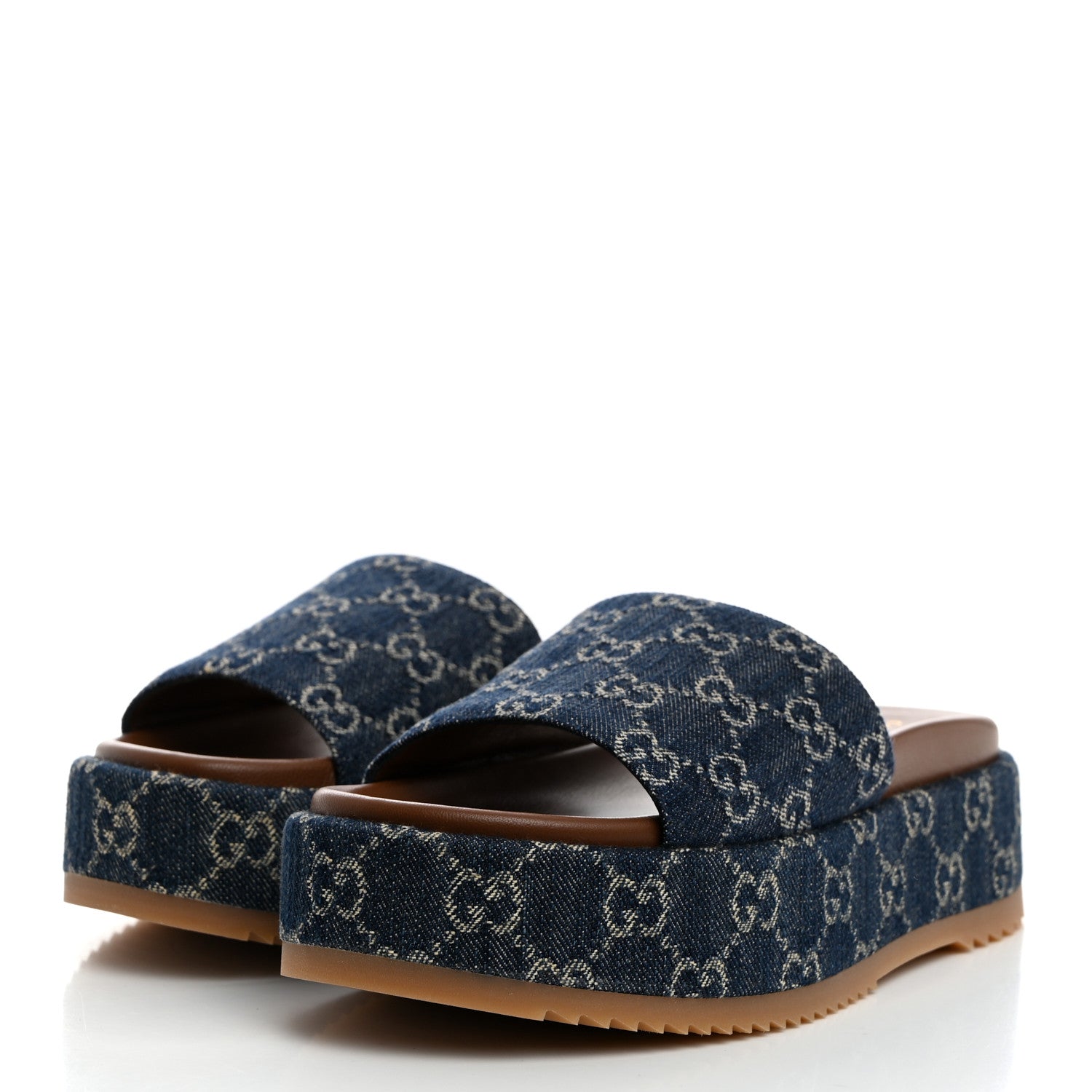 Gucci New Denim GG Monogram Angelina Platform 55mm Slide Sandals 37.5 Blue Tea 3 of 9