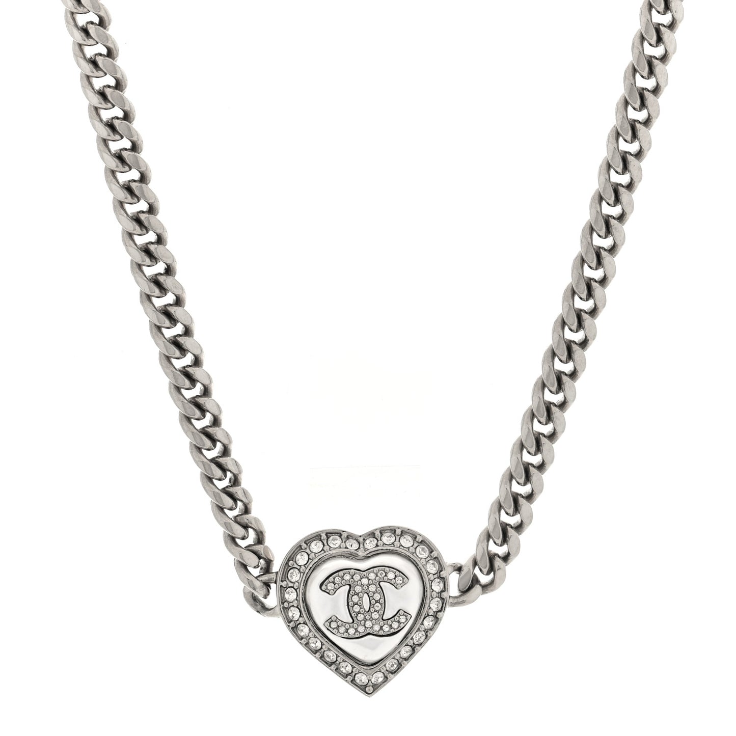 Pearl Crystal CC Heart Choker Necklace Silver