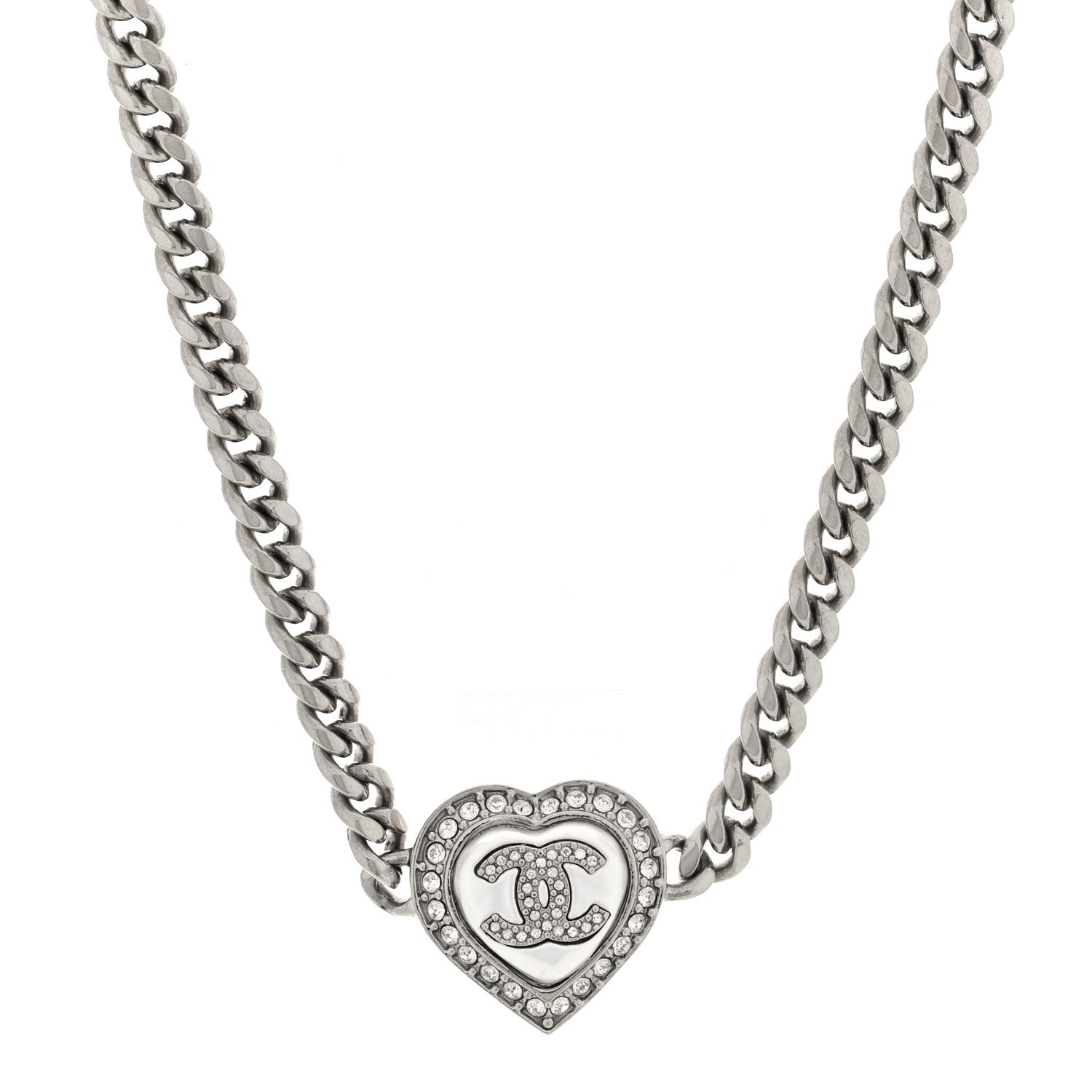 Chanel Pearl Crystal CC Heart Choker Necklace Silver 1 of 4