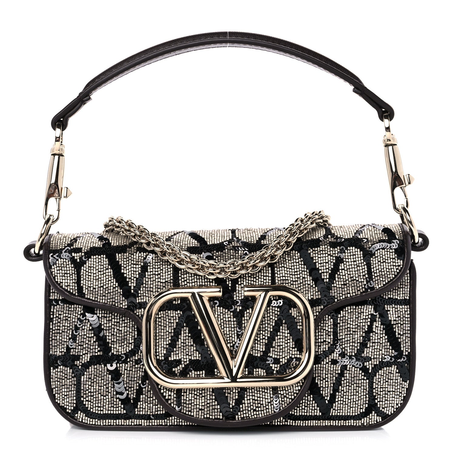 Valentino Garavani Sequins Toile Iconographe Calfskin Beaded Vlogo Small Loco Shoulder Bag Argento Black Fondant 1 of 9