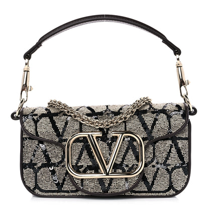 Valentino Garavani Sequins Toile Iconographe Calfskin Beaded Vlogo Small Loco Shoulder Bag Argento Black Fondant 1 of 9