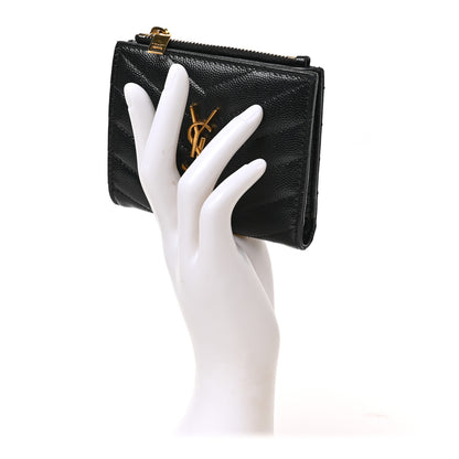 Saint Laurent Grain De Poudre Matelasse Chevron Monogram Zipped Card Case Black 3 of 12
