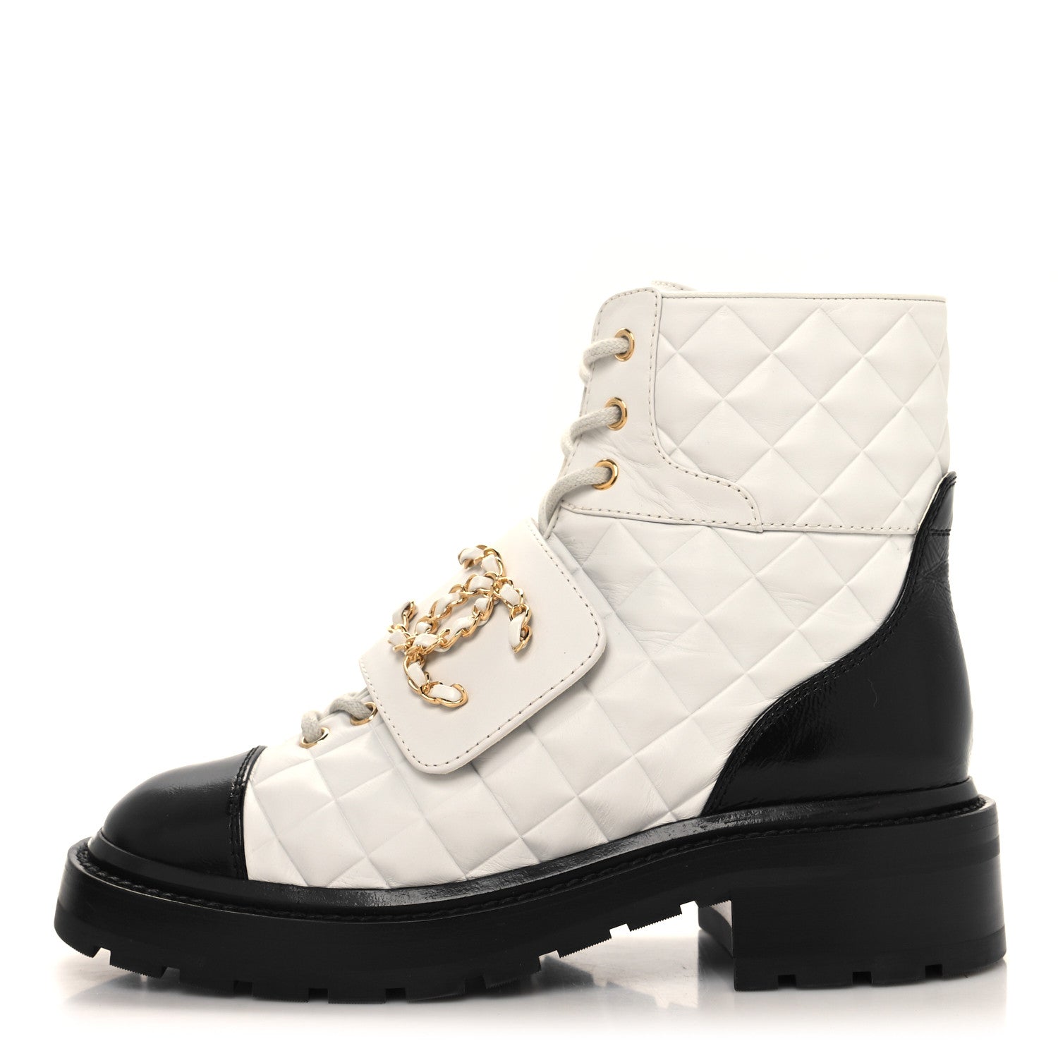 Chanel Calfskin Shiny Calfskin Quilted Lace Up Combat Boots 36 White Black 1 of 8