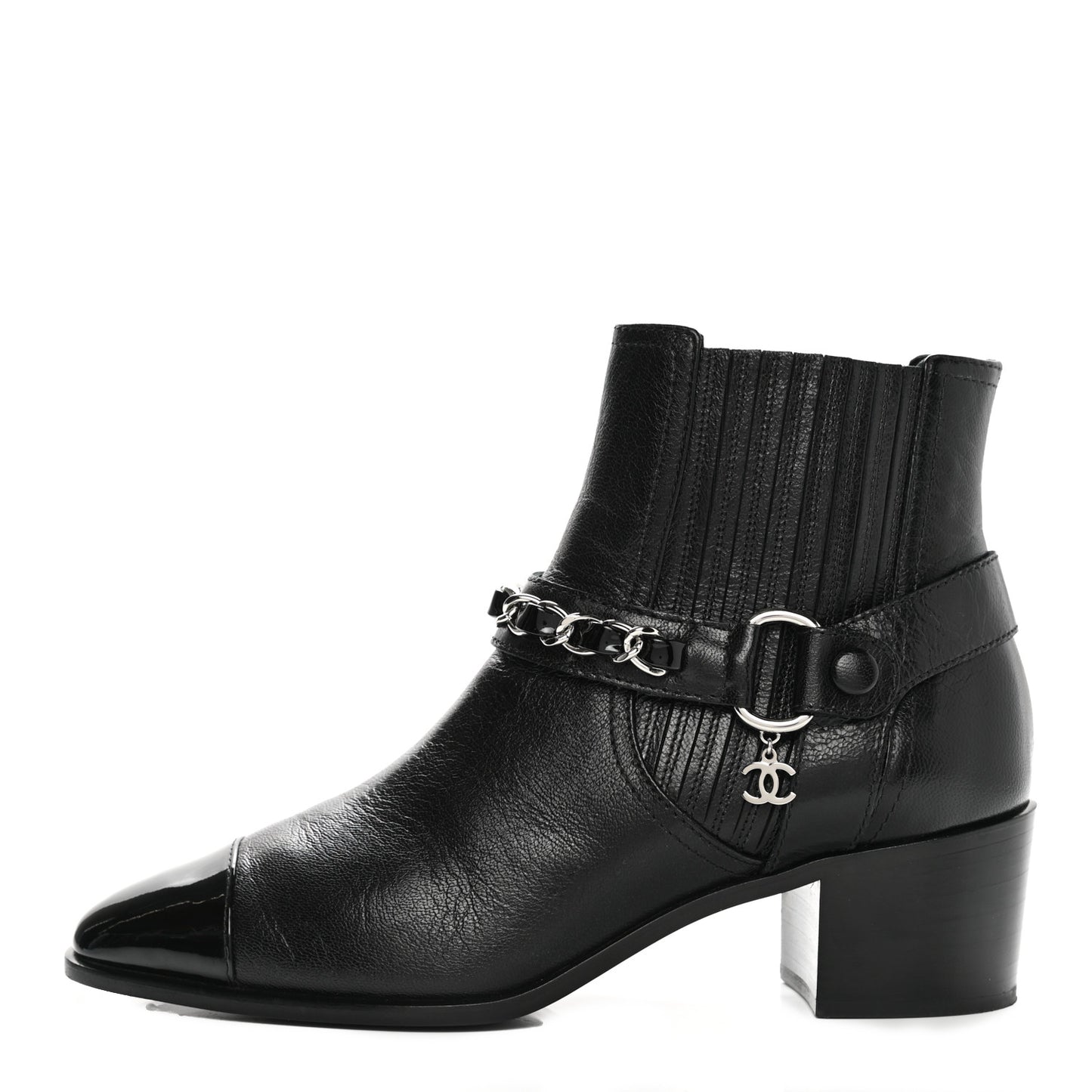 Goatskin Patent CC Cap Toe Chain Boots 37 Black