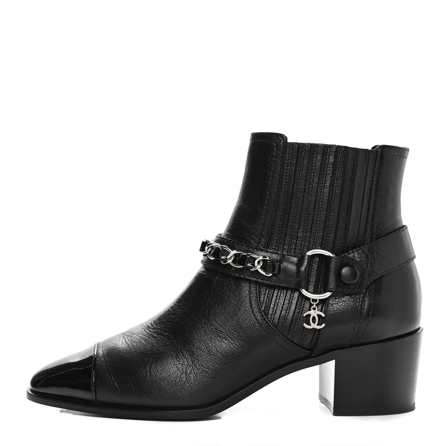 Chanel Goatskin Patent CC Cap Toe Chain Boots 37 Black 1 of 7
