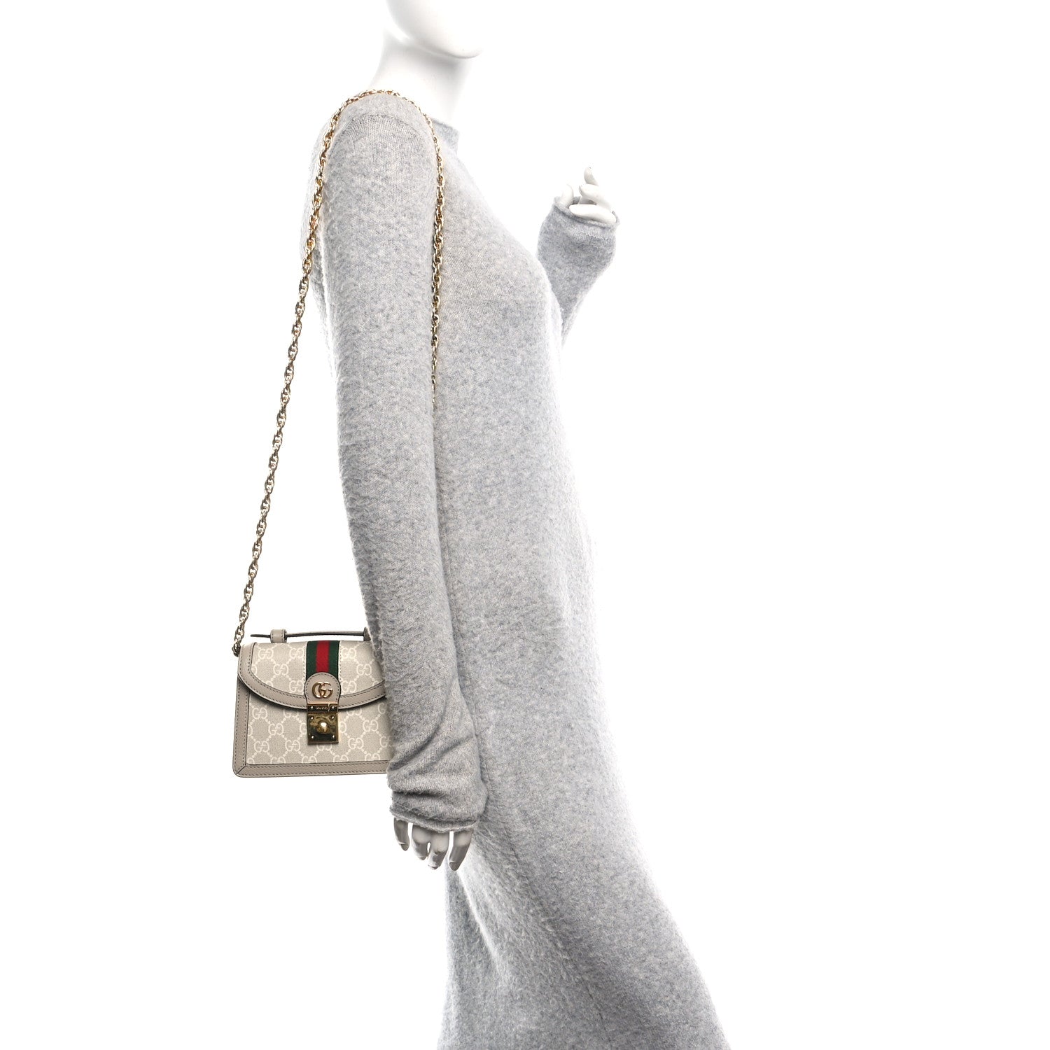 Gucci GG Supreme Monogram Textured Dollar Calfskin Web Mini Ophidia Padlock Top Handle Chain Shoulder Bag Beige Mystic White Oatmeal 2 of 9