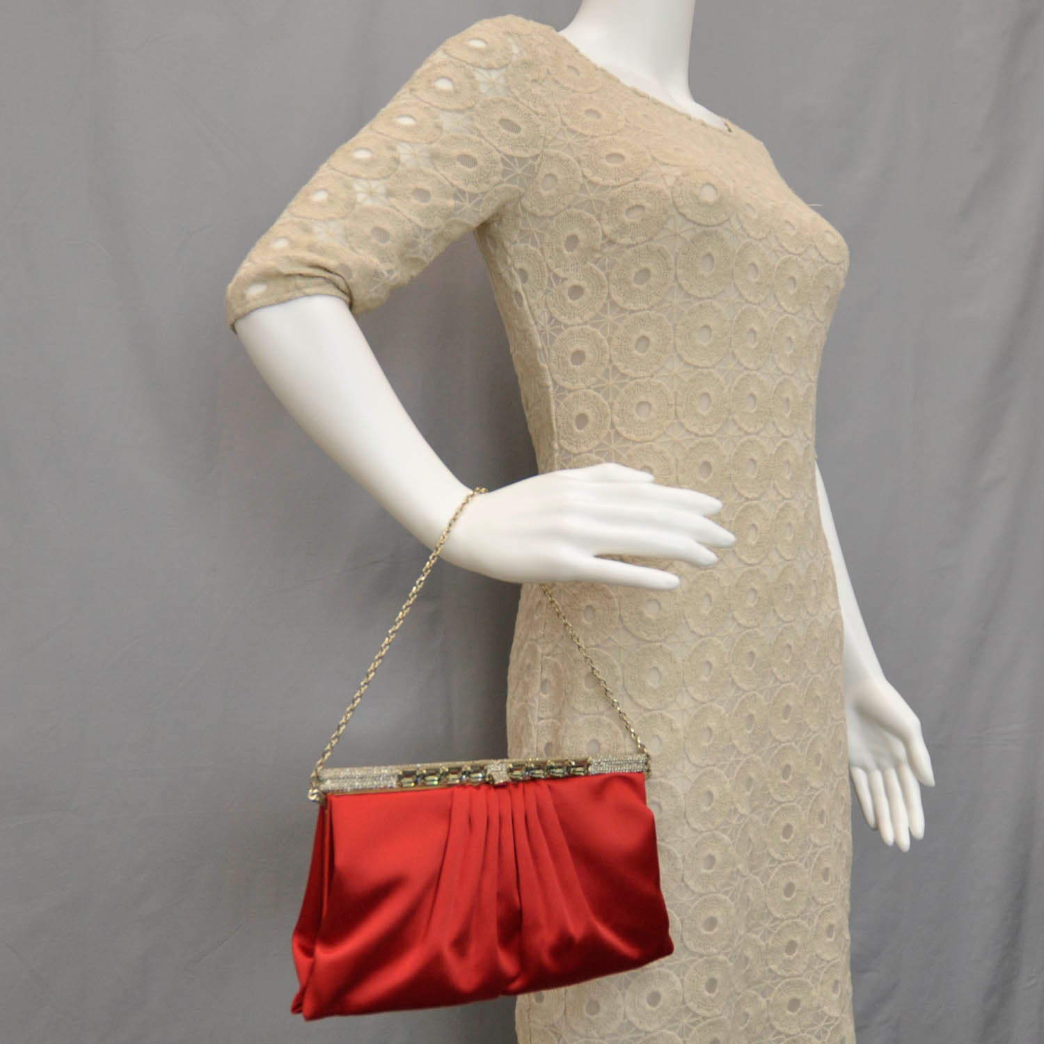 Valentino Garavani Satin Crystal Pleated Clutch Red 2 of 7