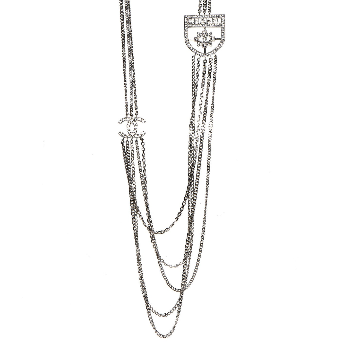 Baguette Crystal CC Shield Multi Strand Long Chain Necklace Silver
