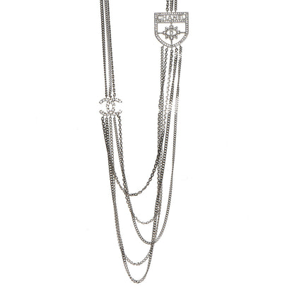 Chanel Baguette Crystal CC Shield Multi Strand Long Chain Necklace Silver 1 of 7