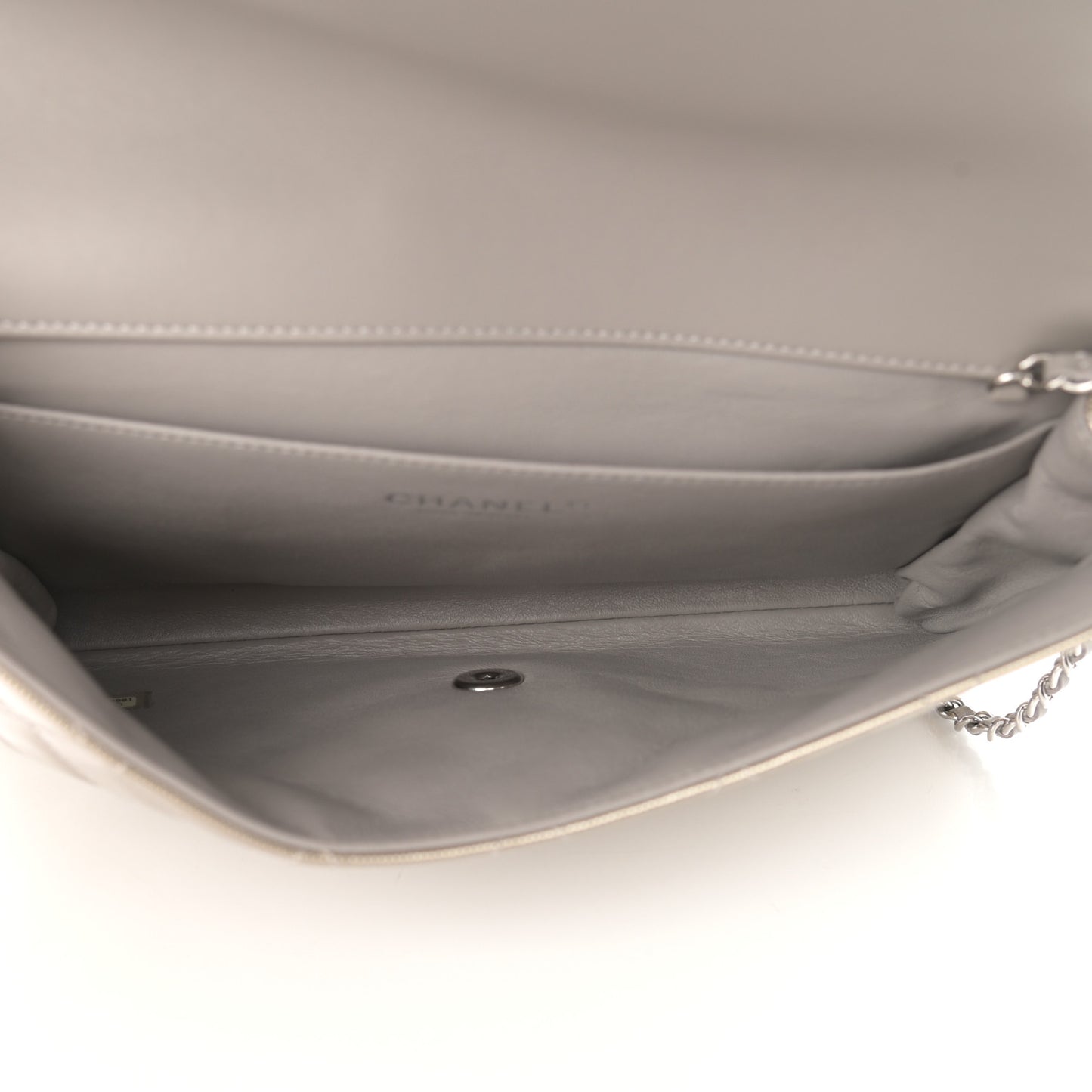 Striated Patent Quilted Clutch With Chain Flap Beige