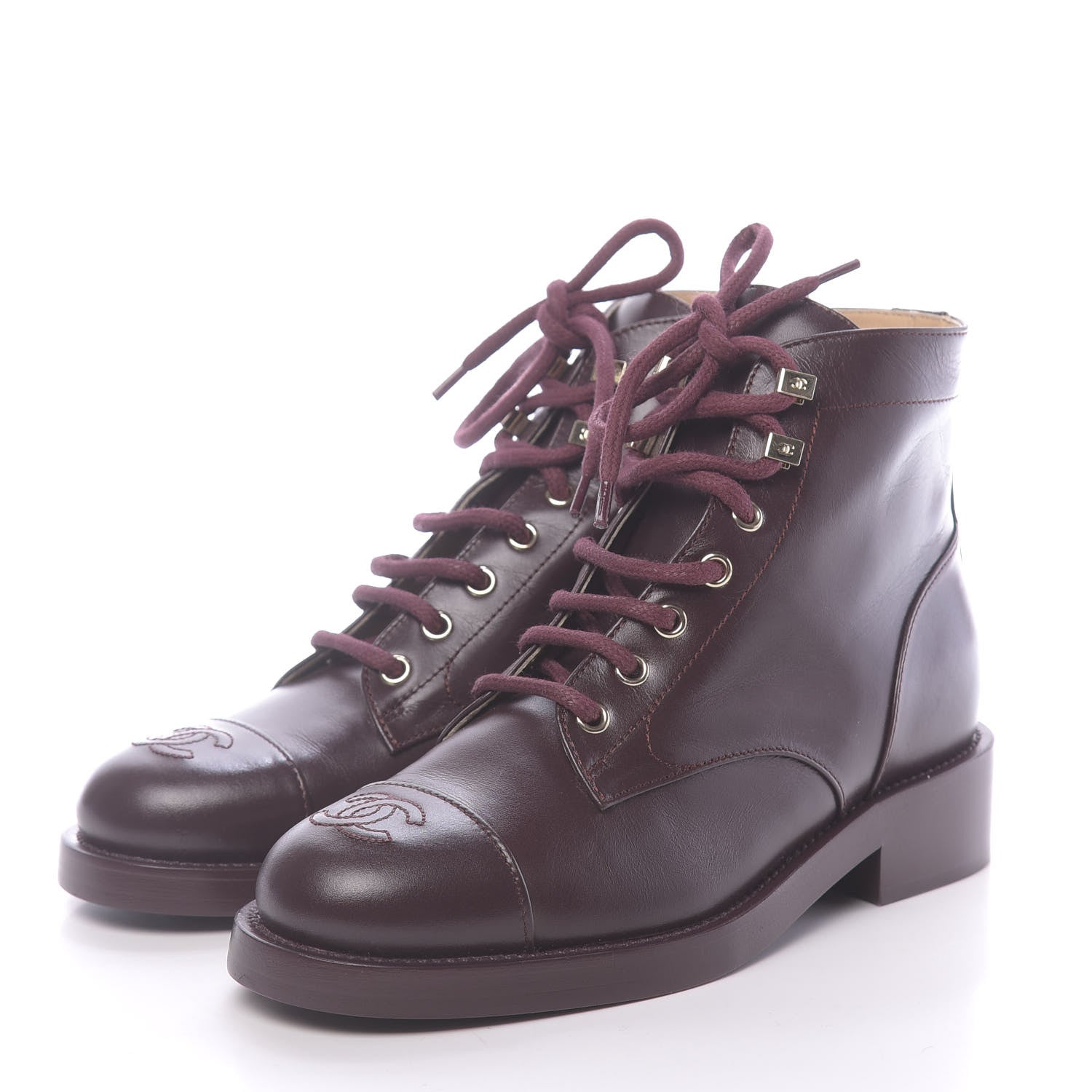 Chanel Calfskin Lace Up CC Short Boots 36.5 Burgundy 3 of 9