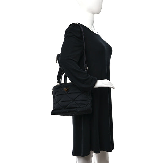 Re-Nylon Nappa Triangle Quilted Padded Double Handled Zip Pocket Tote Black