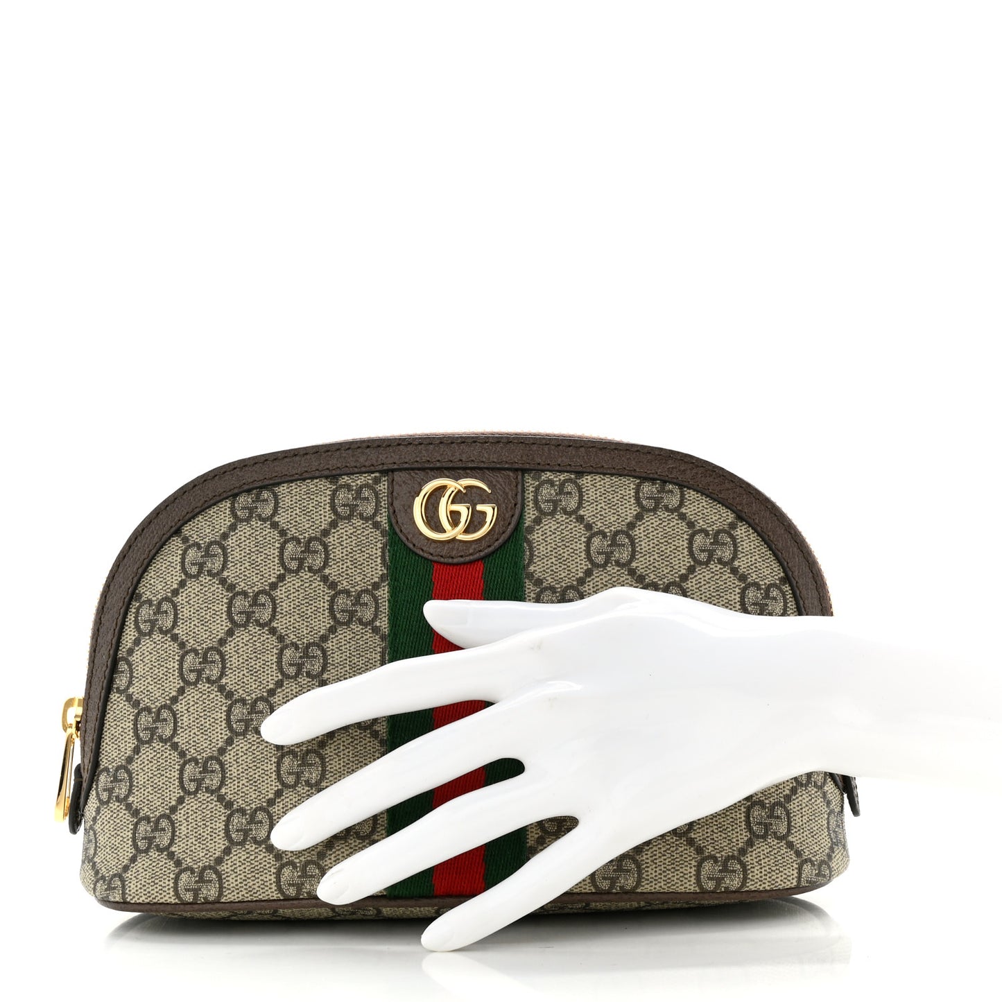GG Supreme Monogram Textured Calfskin Web Large Ophidia Cosmetic Case Beige Ebony New Acero