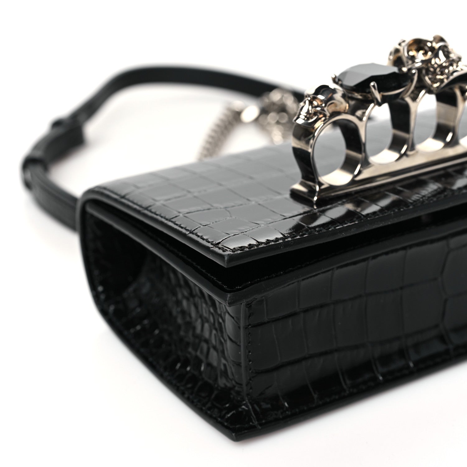 Alexander McQueen Calfskin Shiny Crocodile Embossed Jeweled Satchel Black 8 of 9