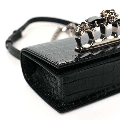 Alexander McQueen Calfskin Shiny Crocodile Embossed Jeweled Satchel Black 8 of 9