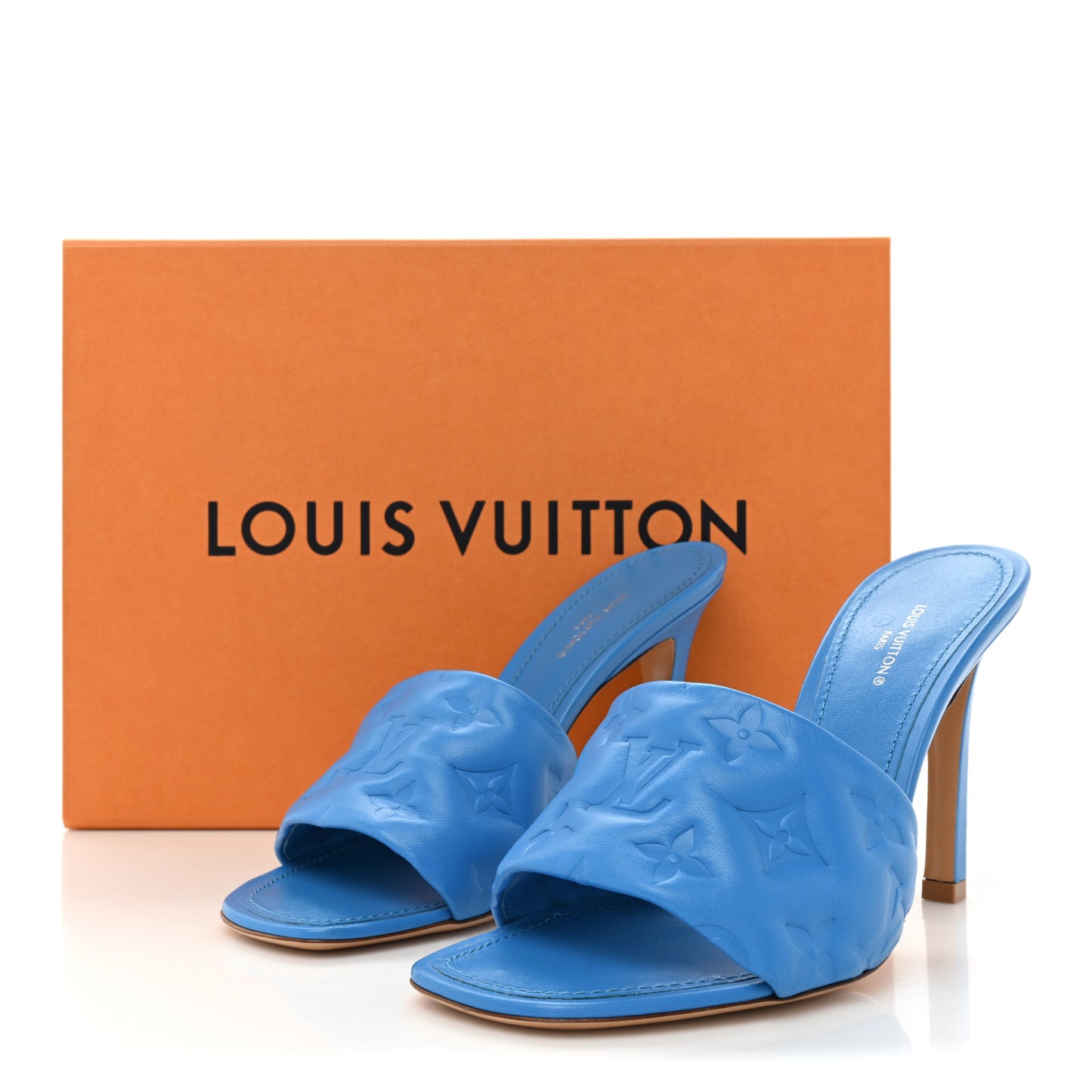 Lambskin Embossed Monogram Revival High Heel Mules 38 Blue