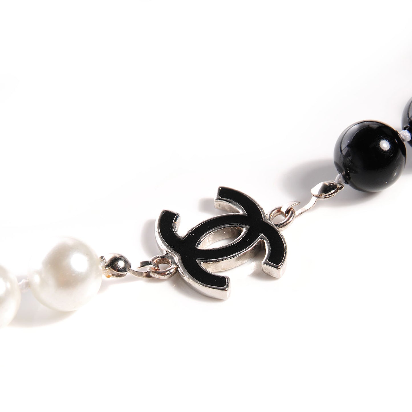 Pearl CC Beaded Long Necklace Black White