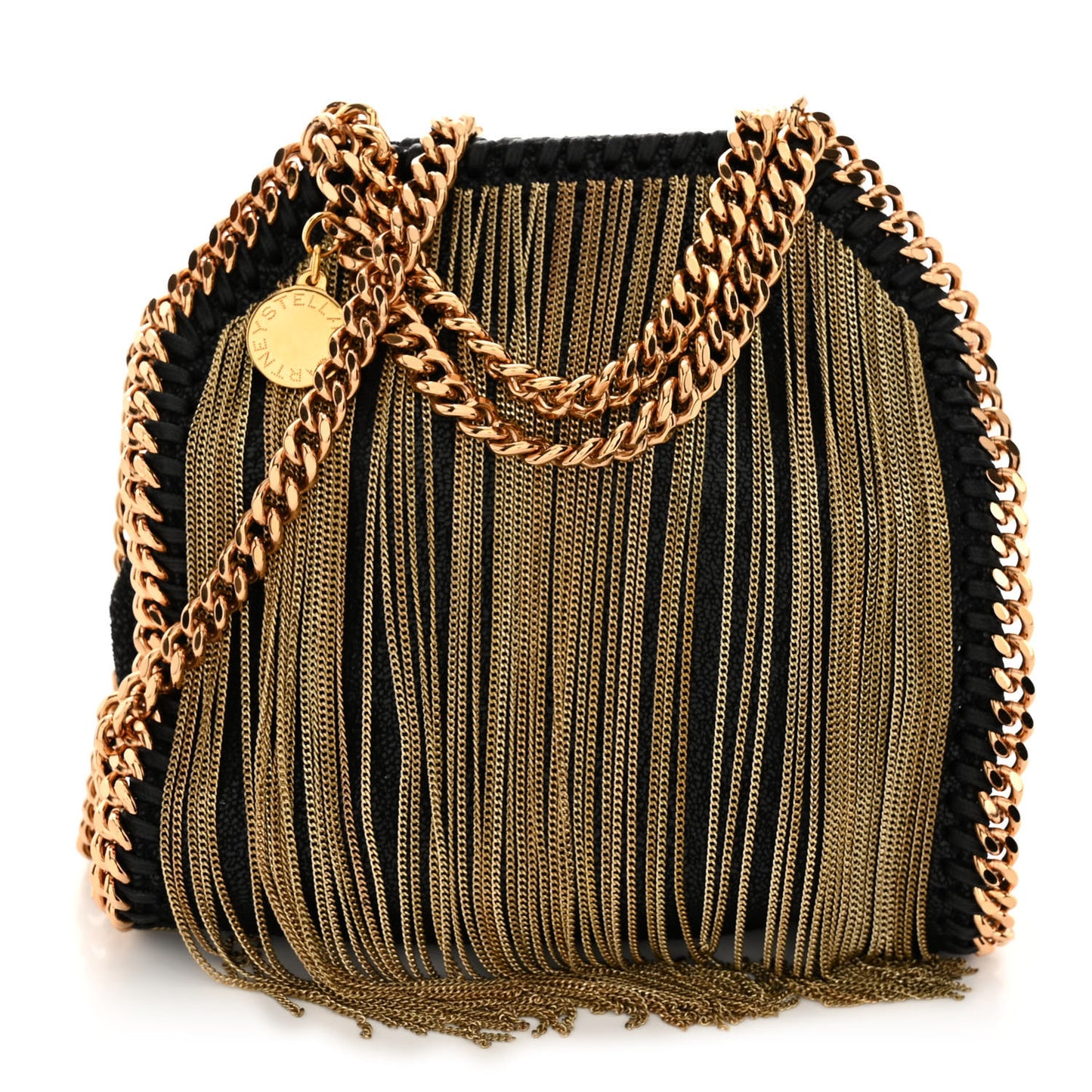 Eco Suede Tiny Fringe Falabella Tote Black Gold