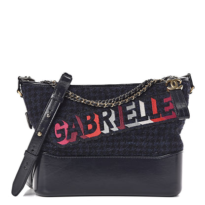 Chanel Tweed Calfskin Quilted Medium Gabrielle Hobo Black Blue 1 of 11