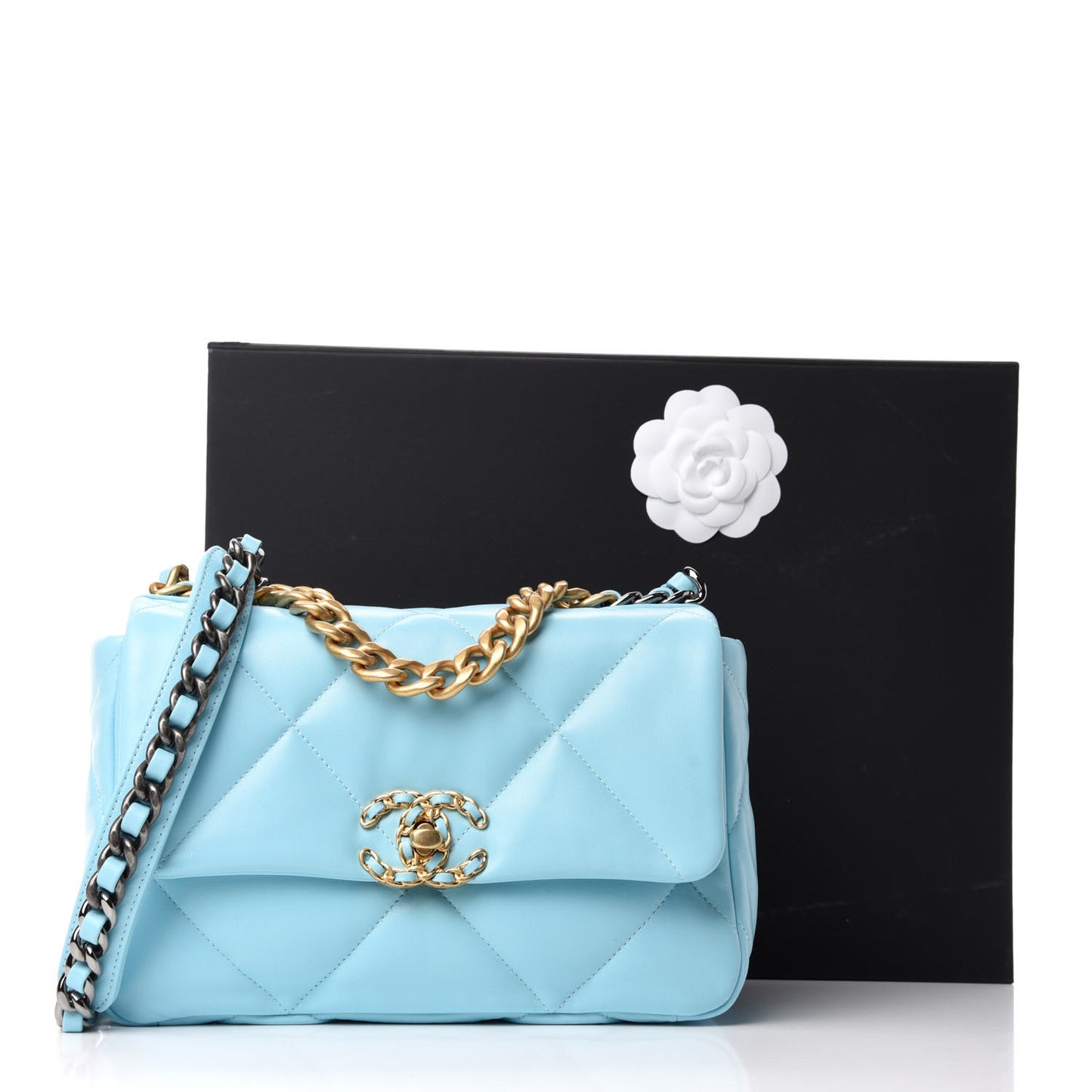 Shiny Lambskin Quilted Medium Chanel 19 Flap Light Blue