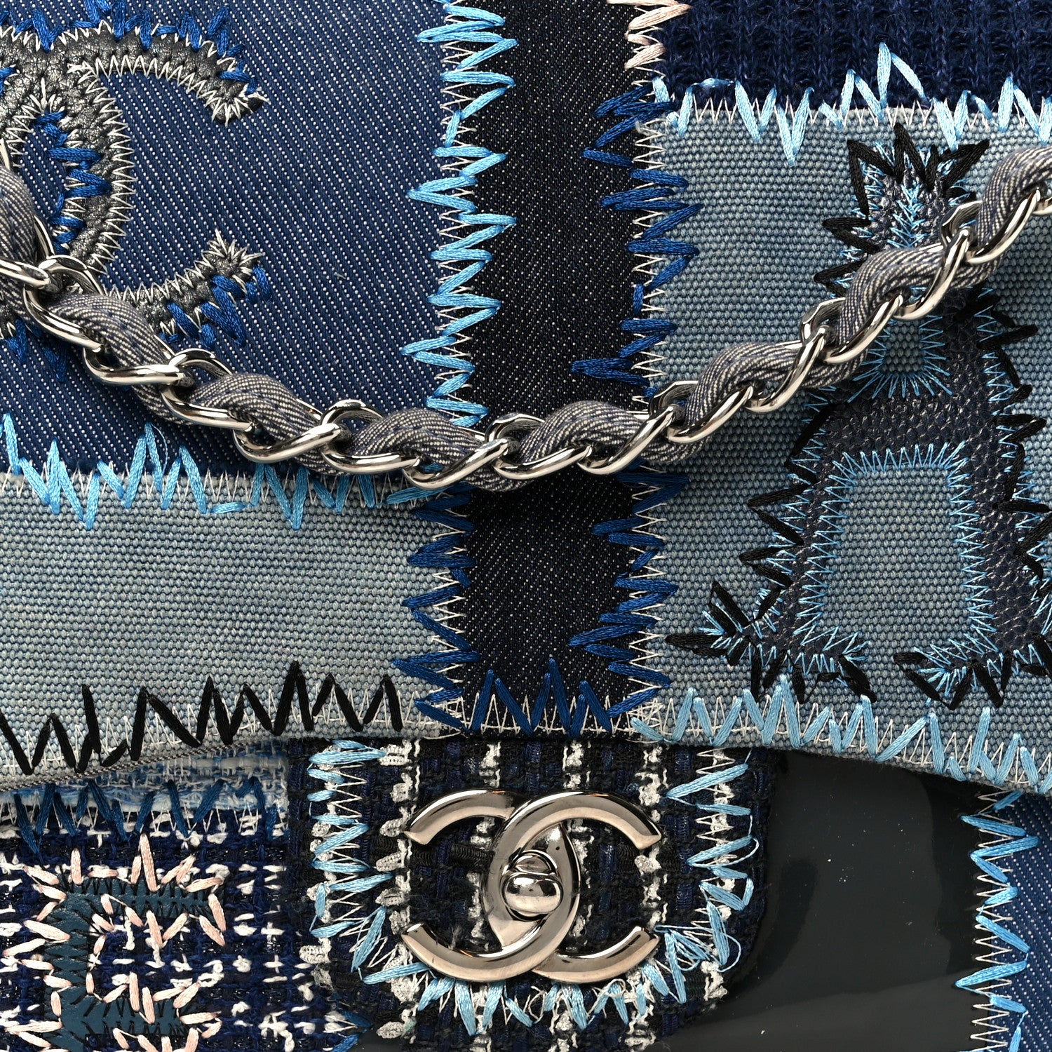 Chanel Denim Tweed Patchwork Jumbo Single Flap Blue 9 of 11