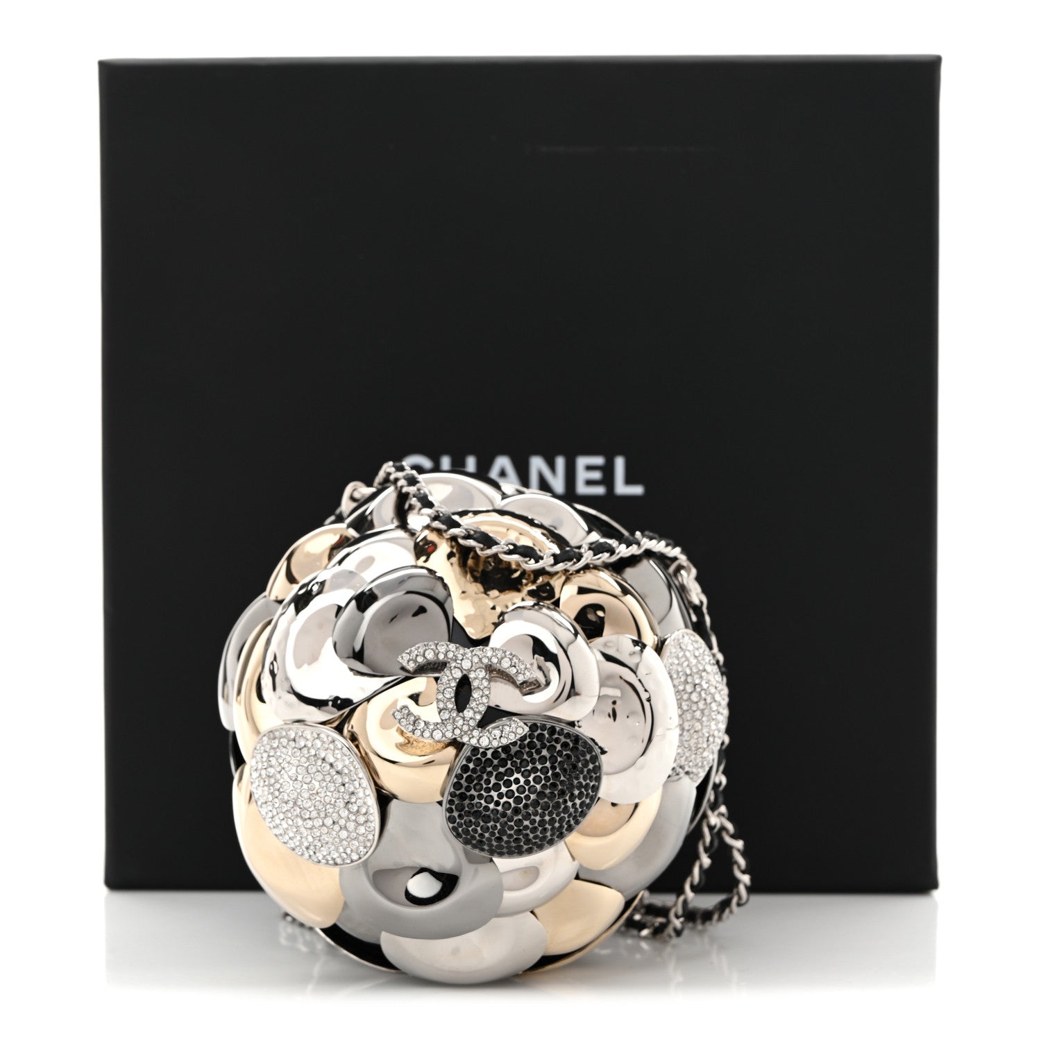 Chanel Metal Strass Crystal CC Camellia Minaudiere Clutch Gold Silver Black 3 of 12