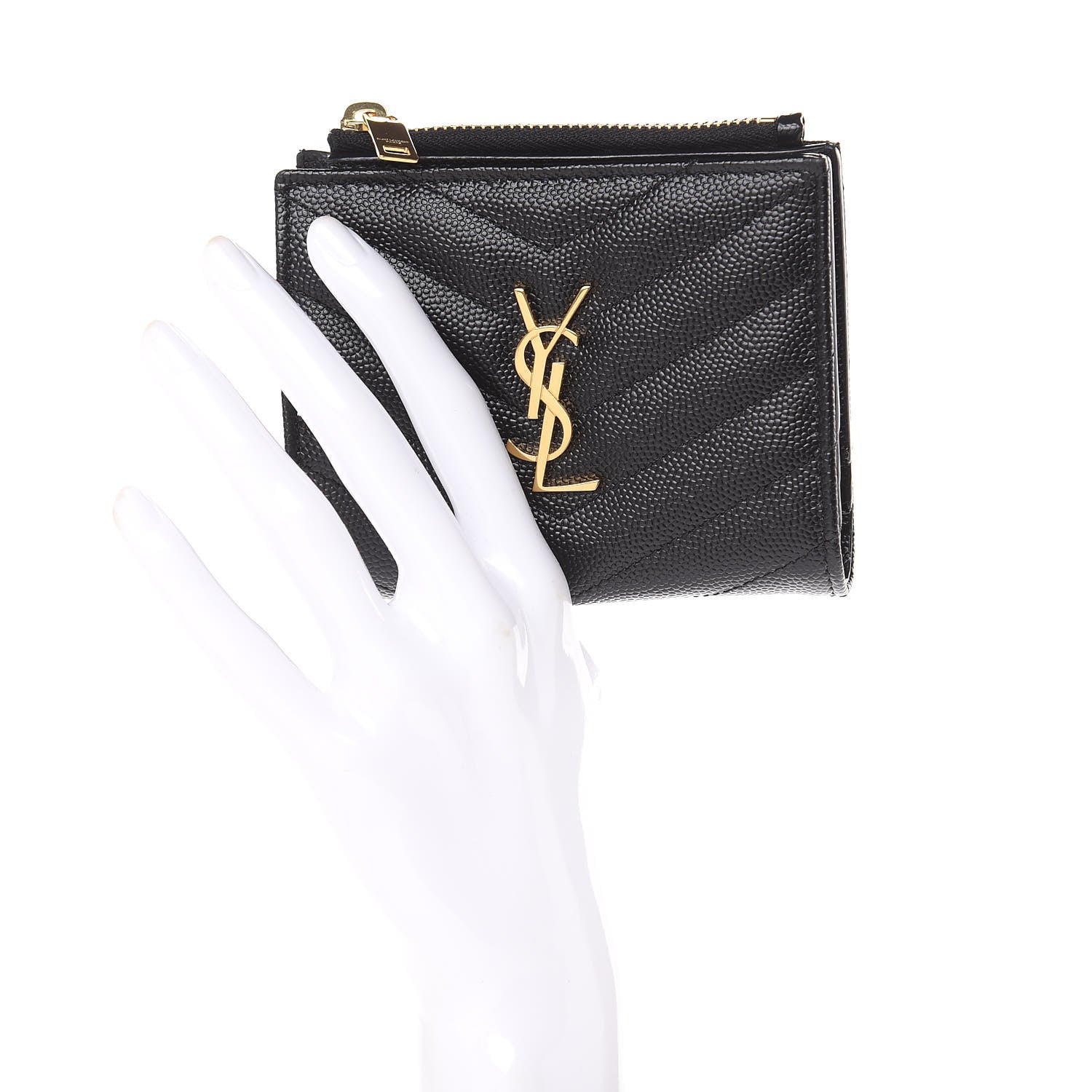 Saint Laurent Grain De Poudre Matelasse Chevron Monogram Zipped Card Case Black 2 of 6