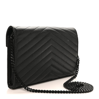 Saint Laurent Grain De Poudre Matelasse Chevron Monogram Monochrome Chain Wallet Black 3 of 9
