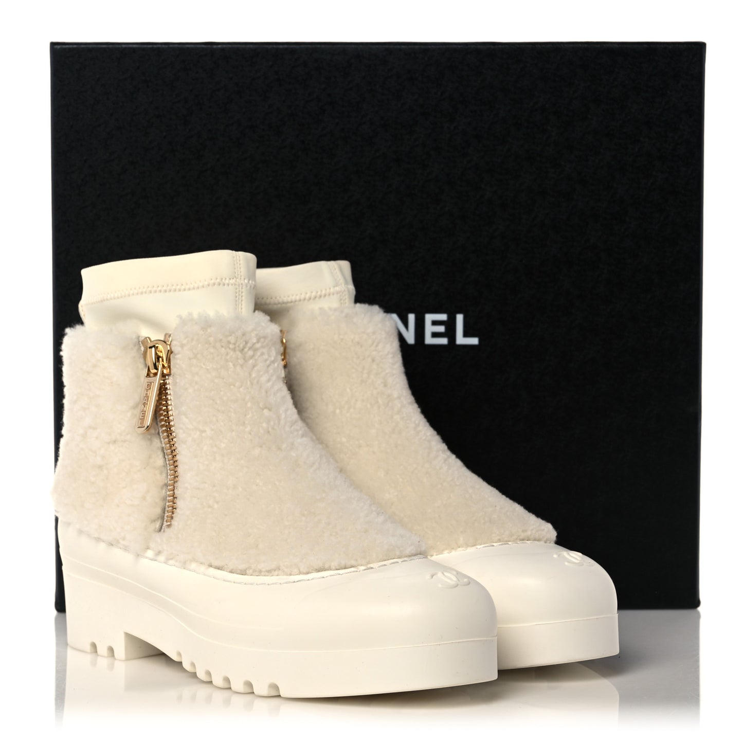Shearling Rubber Zip Short Boots 38 White