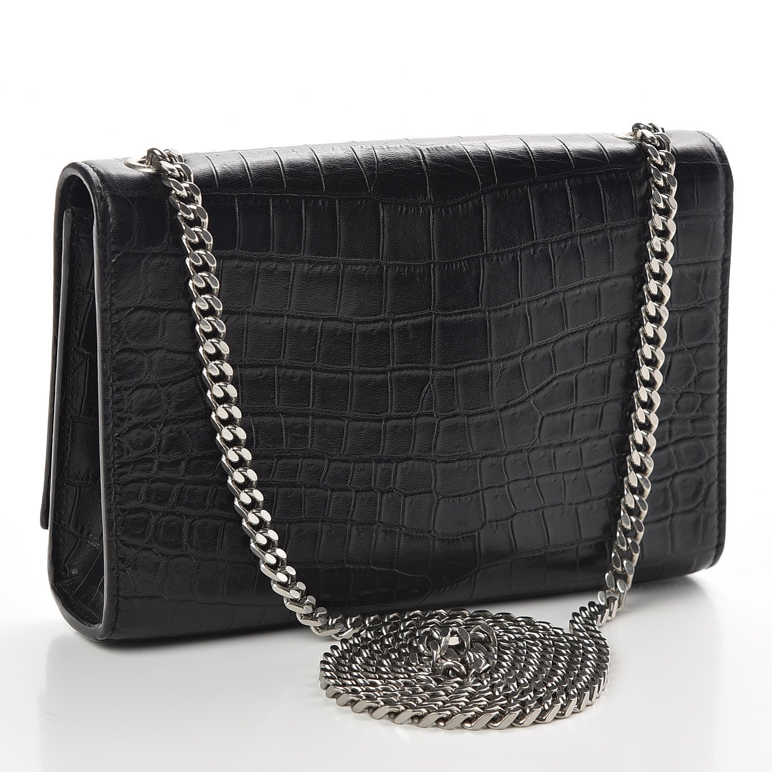 Saint Laurent Calfskin Crocodile Embossed Small Classic Monogram Kate Tassel Satchel Black 2 of 9