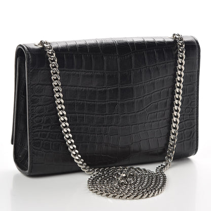 Saint Laurent Calfskin Crocodile Embossed Small Classic Monogram Kate Tassel Satchel Black 2 of 9