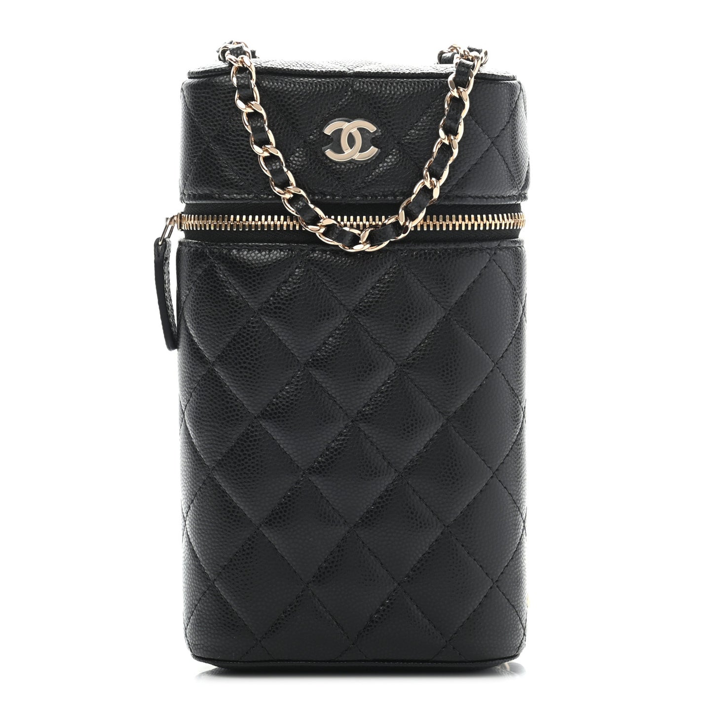 Caviar Quilted Phone Holder With Chain Black
