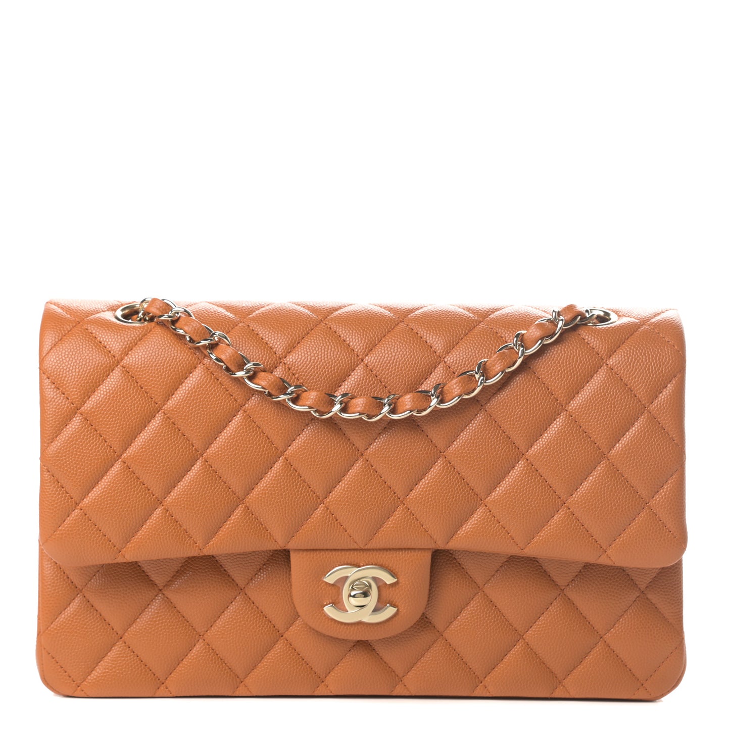 Caviar Quilted Medium Double Flap Light Brown
