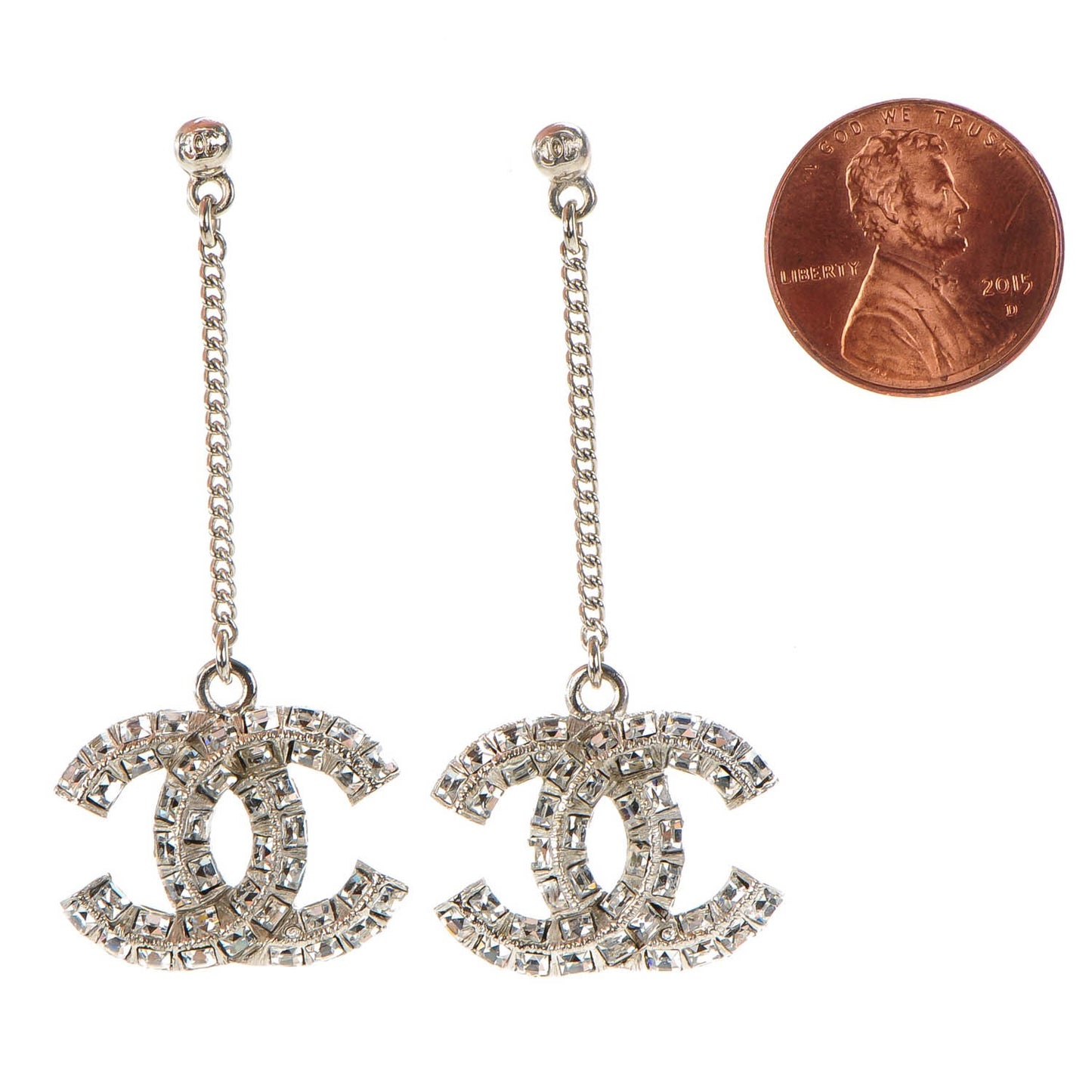 Baguette Crystal CC Dangle Earrings Silver