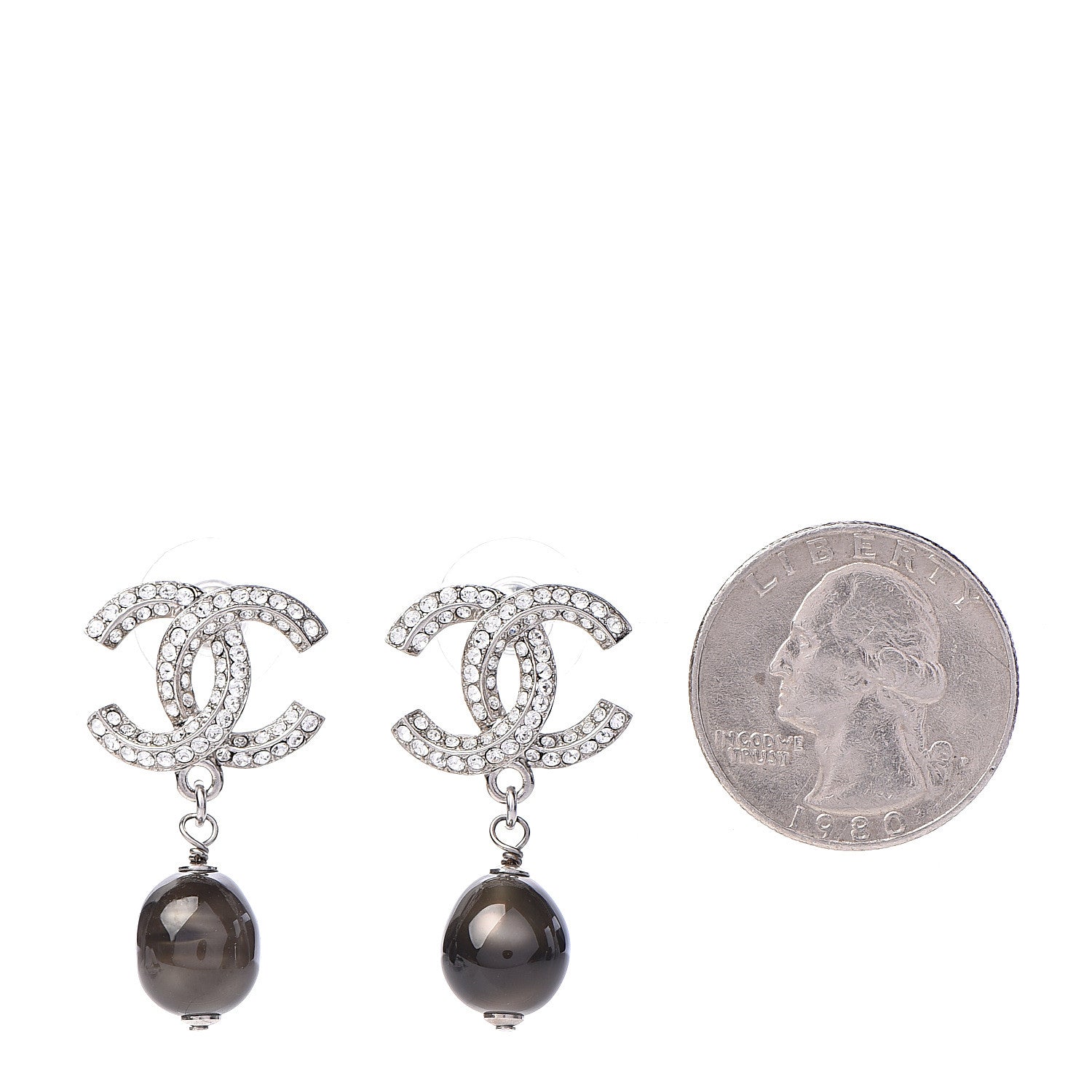 Chanel Crystal Pearl CC Drop Earrings Grey Silver 2 of 4