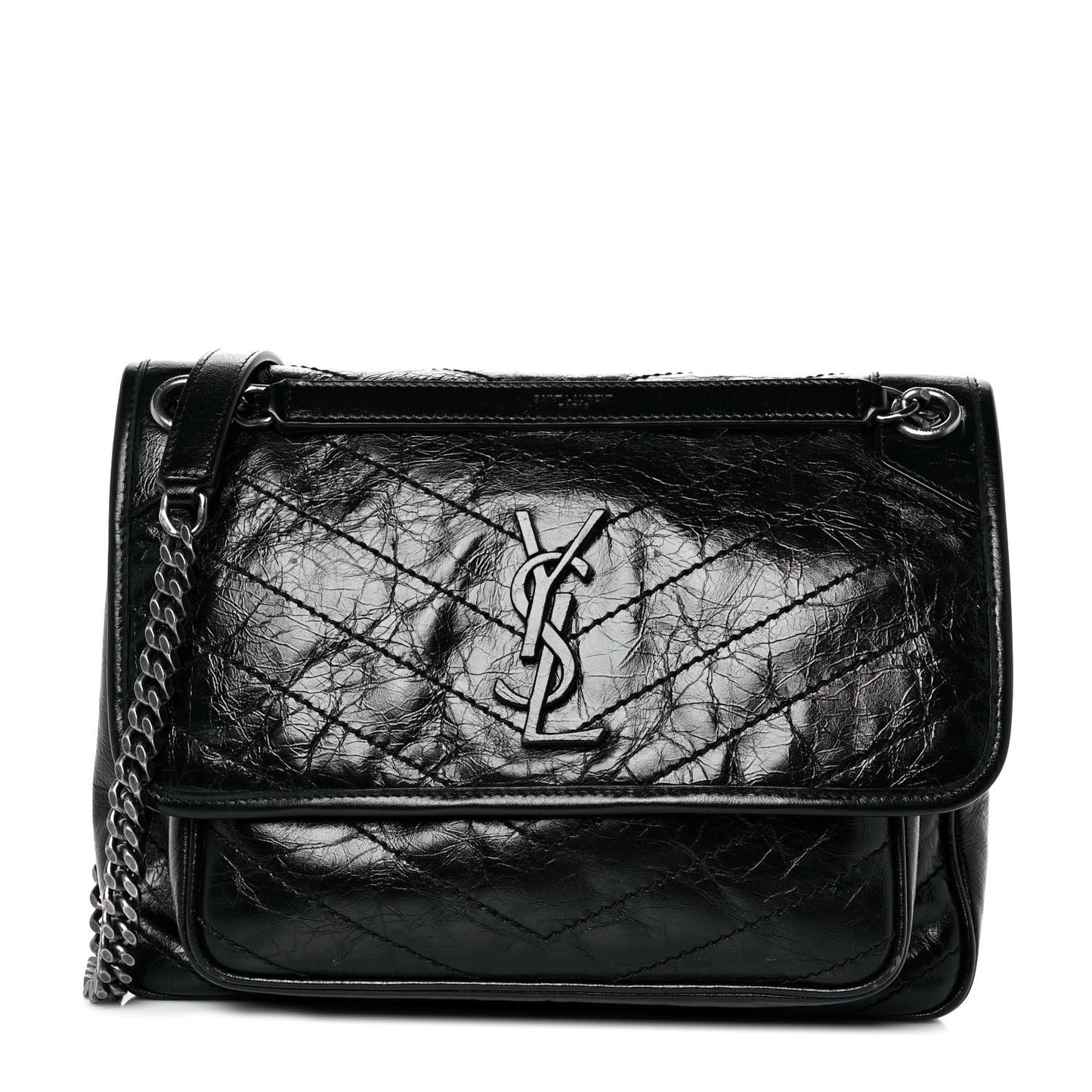 Crinkled Calfskin Matelasse Monogram Medium Niki Chain Satchel Black