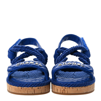 Chanel Cord Lambskin Quilted Logo Sandals 37 Blue 2 of 8