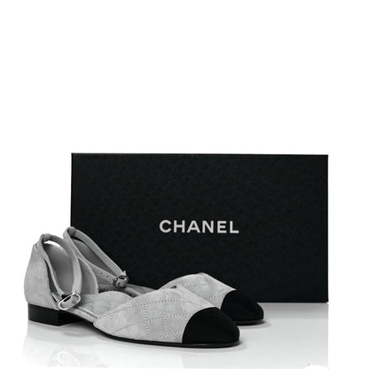 Chanel Suede Grosgrain Cap Toe CC Mary Jane Flats 39 Light Grey Black 9 of 9