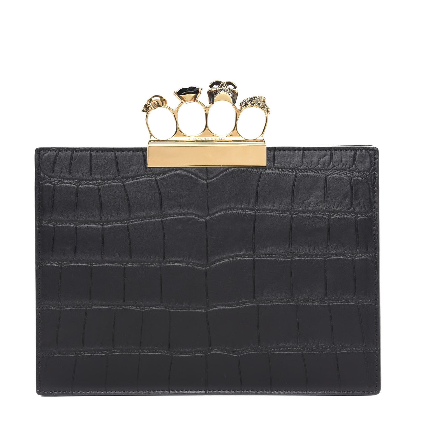 Calfskin Crocodile Embossed Knuckle Flat Clutch Black Gold
