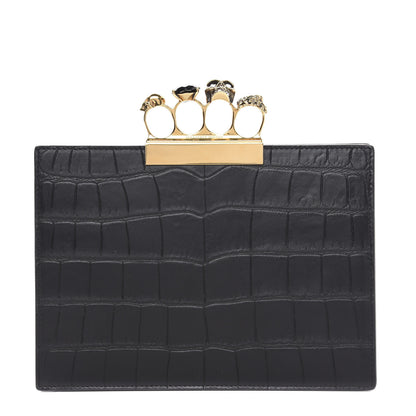 Alexander McQueen Calfskin Crocodile Embossed Knuckle Flat Clutch Black Gold 1 of 8