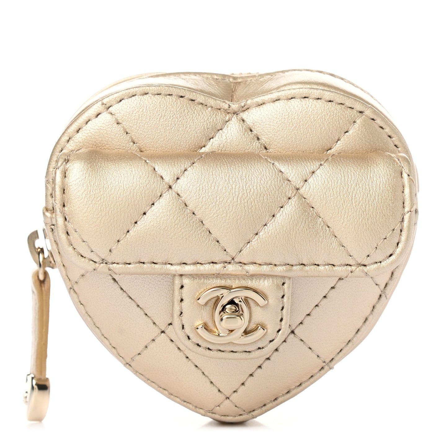 Metallic Lambskin Quilted CC In Love Heart Zipped Arm Coin Purse Gold