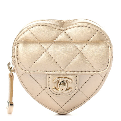 Chanel Metallic Lambskin Quilted CC In Love Heart Zipped Arm Coin Purse Gold 1 of 8