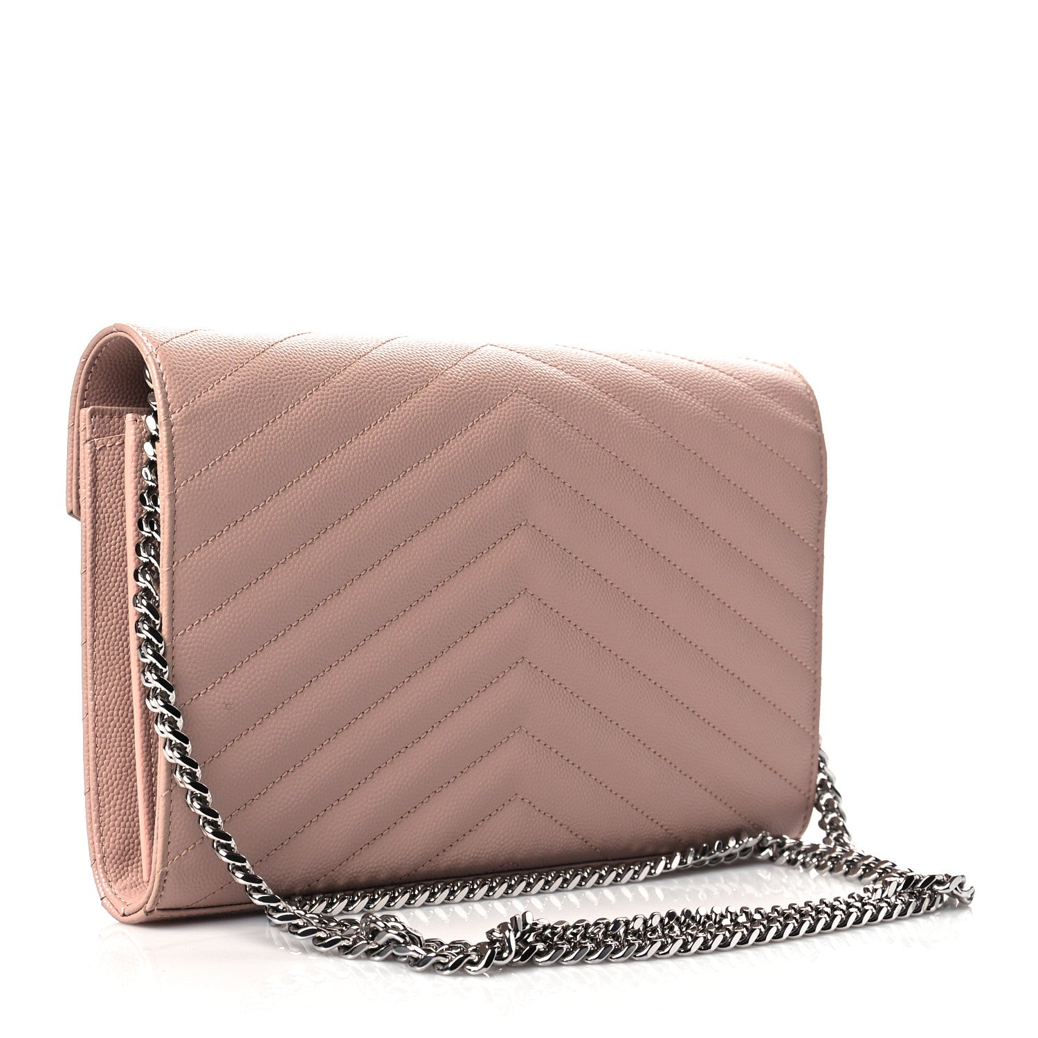 Saint Laurent Grain De Poudre Matelasse Chevron Monogram Chain Wallet Pale Pink 3 of 10