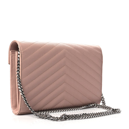 Saint Laurent Grain De Poudre Matelasse Chevron Monogram Chain Wallet Pale Pink 3 of 10