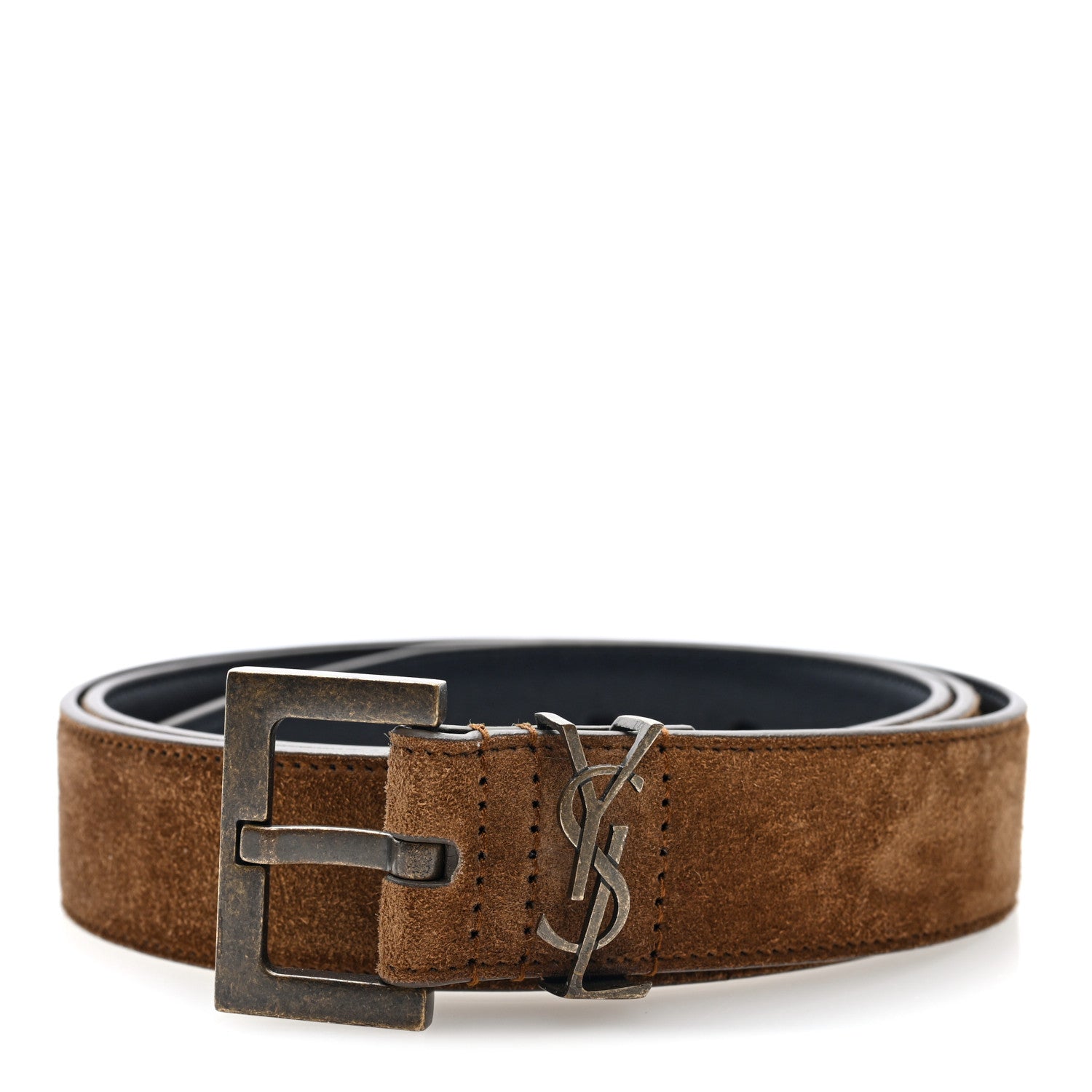 Saint Laurent Suede Monogram Square Buckle Belt 95 38 Tan Bronze 1 of 4