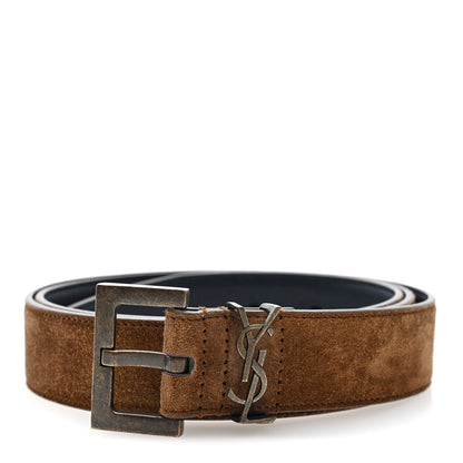 Saint Laurent Suede Monogram Square Buckle Belt 95 38 Tan Bronze 1 of 4