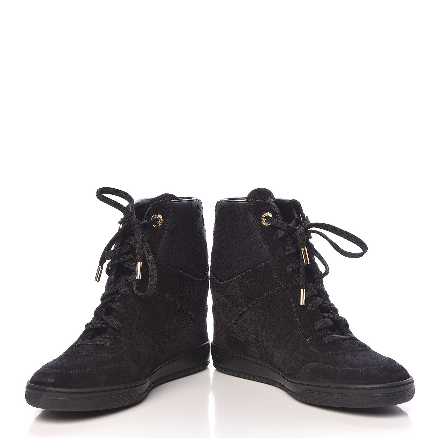Louis Vuitton Calfskin Suede Monogram Cliff Top Wedge Sneakers 38.5 Black 5 of 14